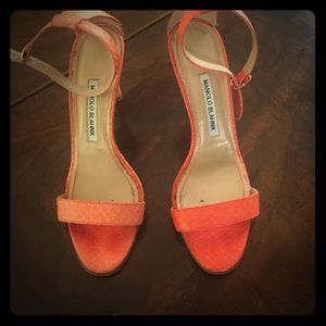 Manolo Bhlanik  Snakeskin Chaos coral sandals