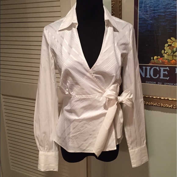 White House Black Market Tops - White House Black Market White Striped Wrap Blouse