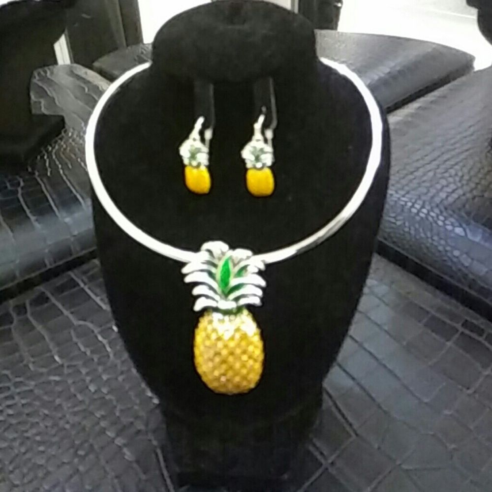 Pineapple Enhancer and Earring Set on Silver Neckl