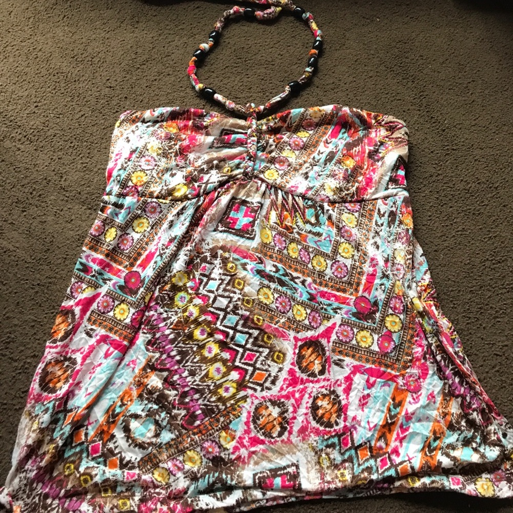Xl "halter " tank top w cute pattern.Beads on tie