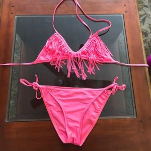 Neon pink fringe bikini