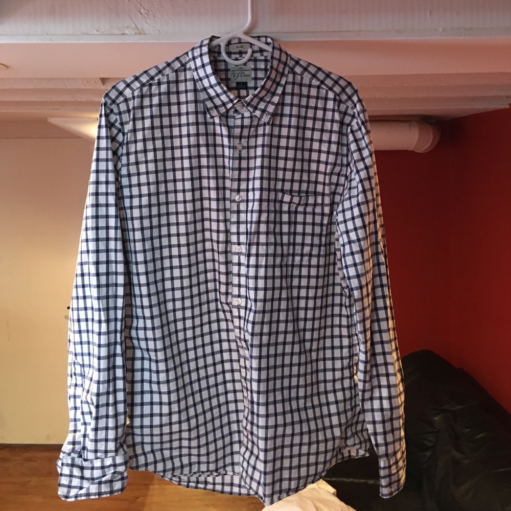 J. Crew slim fit navy and white check.