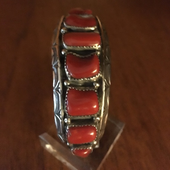 Vintage hand made (Navajo) Mediterranean coral set in sterling silver bracelet