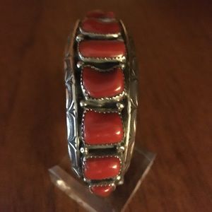 Vintage hand made (Navajo) Mediterranean coral set in sterling silver bracelet