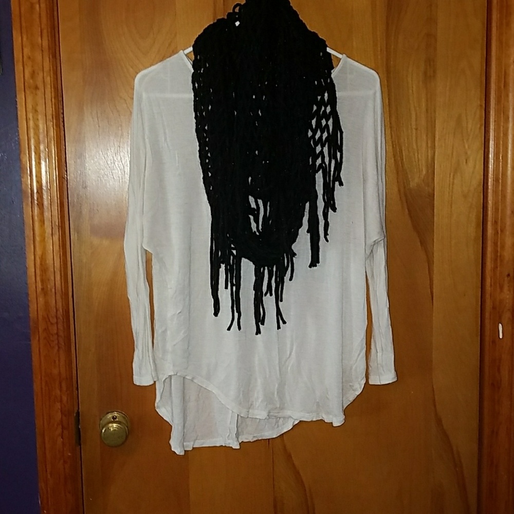 White long sleeve blouse, and black scarf