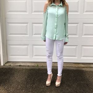 Light Green Long-sleeve Sheer Button Down Top