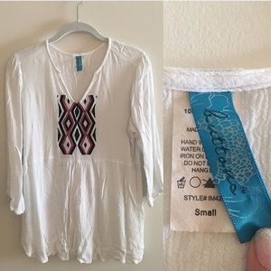 White 3/4 Sleeve Top with Red & Black Embroidery