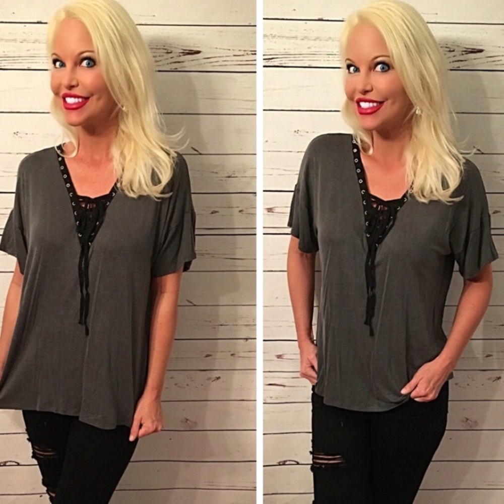 Charcoal/Black lace up oversized top - Picture 2 of 3