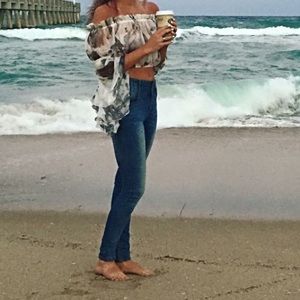 Sheer floral crop top. Off shoulder, ruffle.