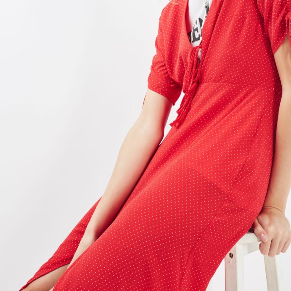 Topshop Red Polka Dot Midi Tea Dress