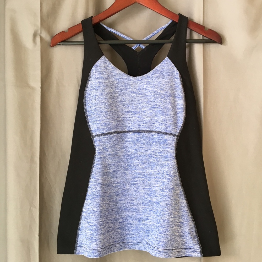 Lucy Crossback Tank - heathered blue and black