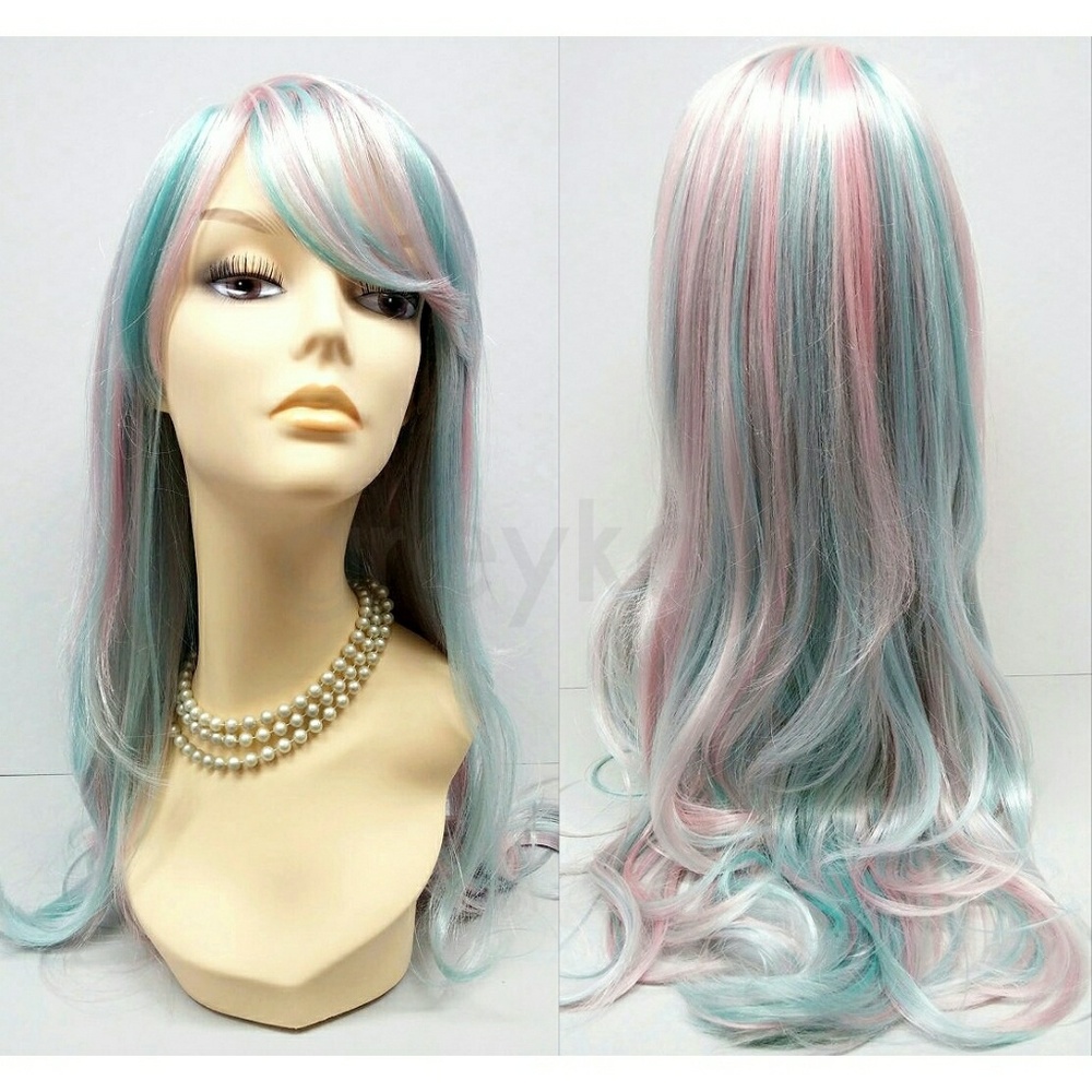 Rainbow unicorn blue pink white long wig w/ bangs - Picture 1 of 4