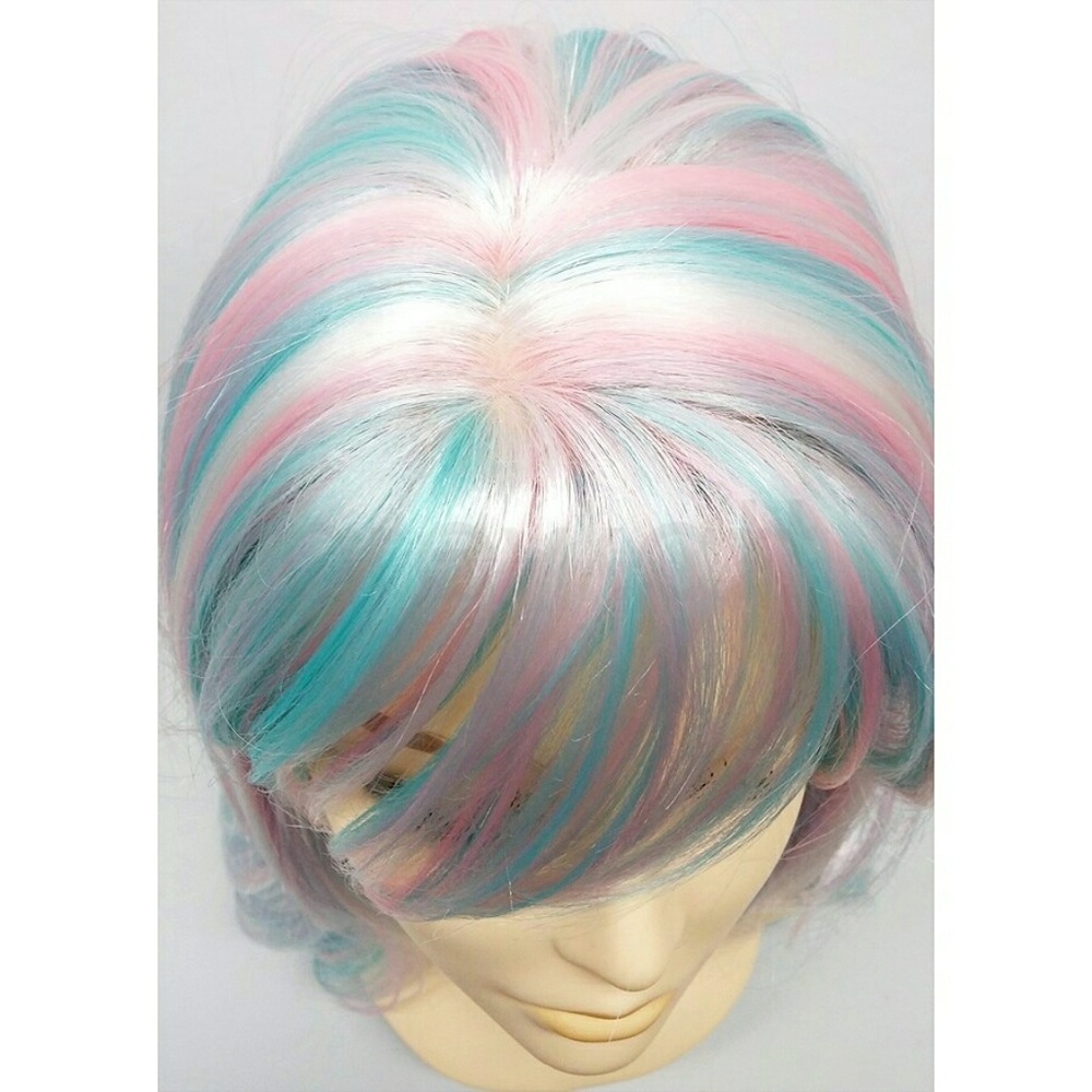 Rainbow unicorn blue pink white long wig w/ bangs - Picture 4 of 4