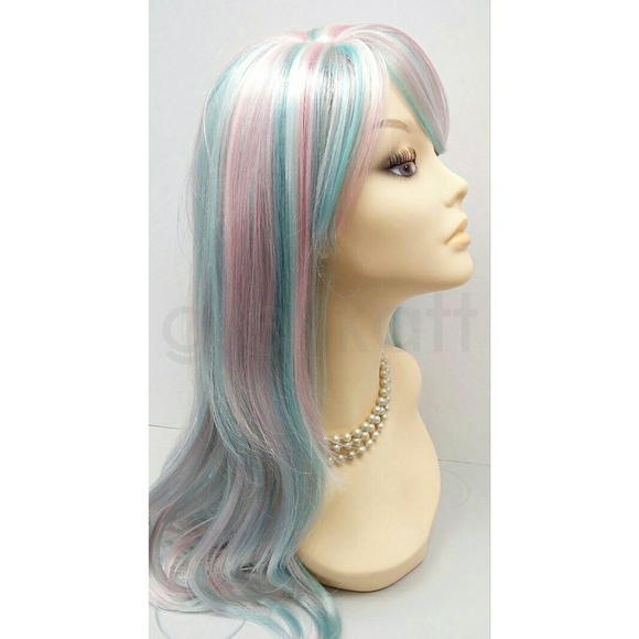 Rainbow unicorn blue pink white long wig w/ bangs - Picture 2 of 4