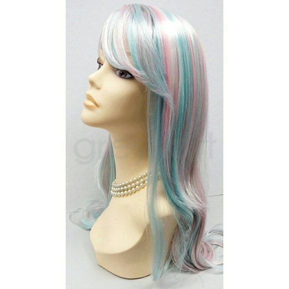 Rainbow unicorn blue pink white long wig w/ bangs - Picture 3 of 4