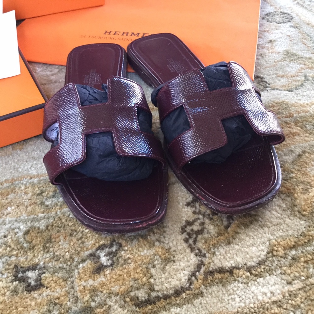 Authentic Hermes Oran Sandals in Burgundy