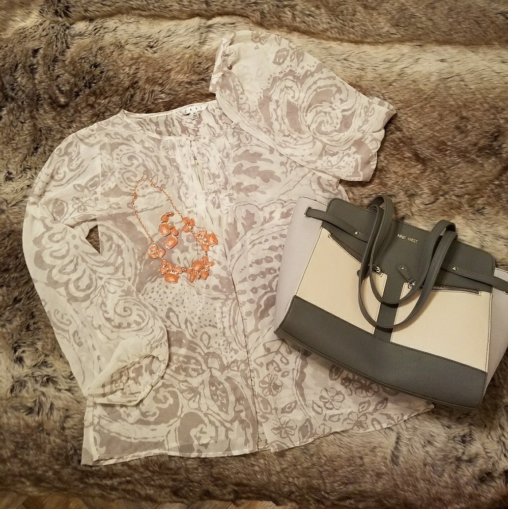Sheer grey and cream Cabi flowy blouse