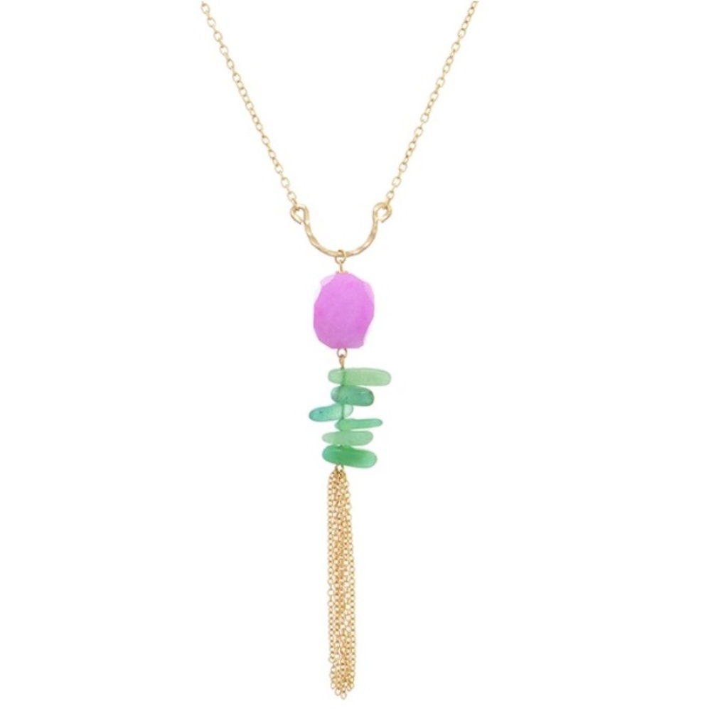 🦄📿Gold Tone Purple & Green Stone Tassel Necklace