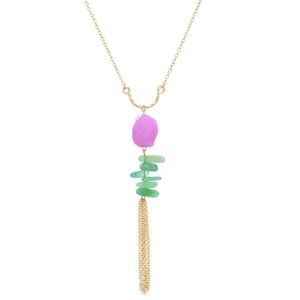 🦄📿Gold Tone Purple & Green Stone Tassel Necklace
