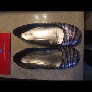 Blue and silver zebra print sequined ballet flats