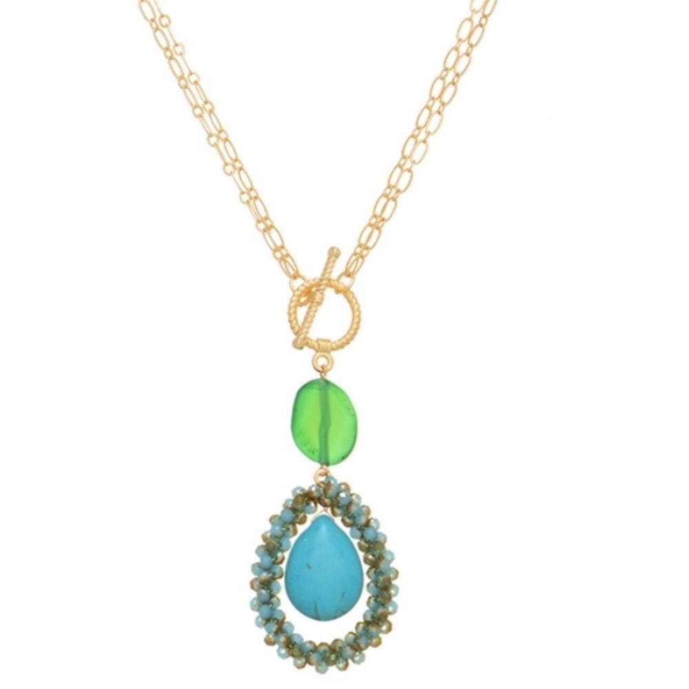 🌎📿Turquoise & Green Beads/Stones Toggle Necklace