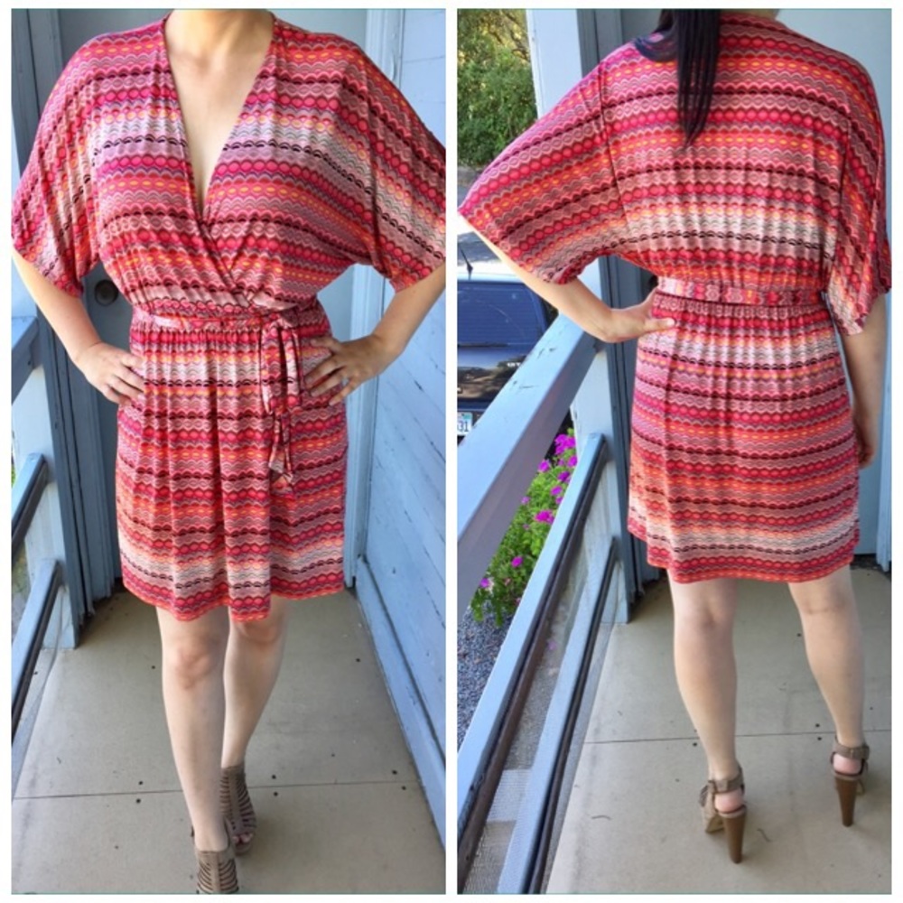 F21 Kimono Wrap Dress in Coral Multiprint: Medium