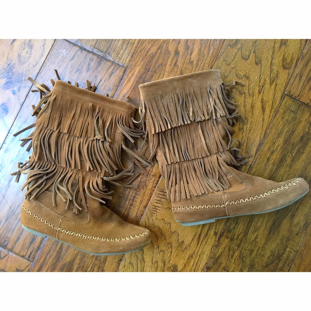 Tan mid calf fringe tribe boots