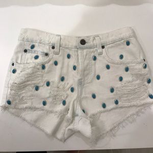 LF Turquoise and silver studded white jean shorts