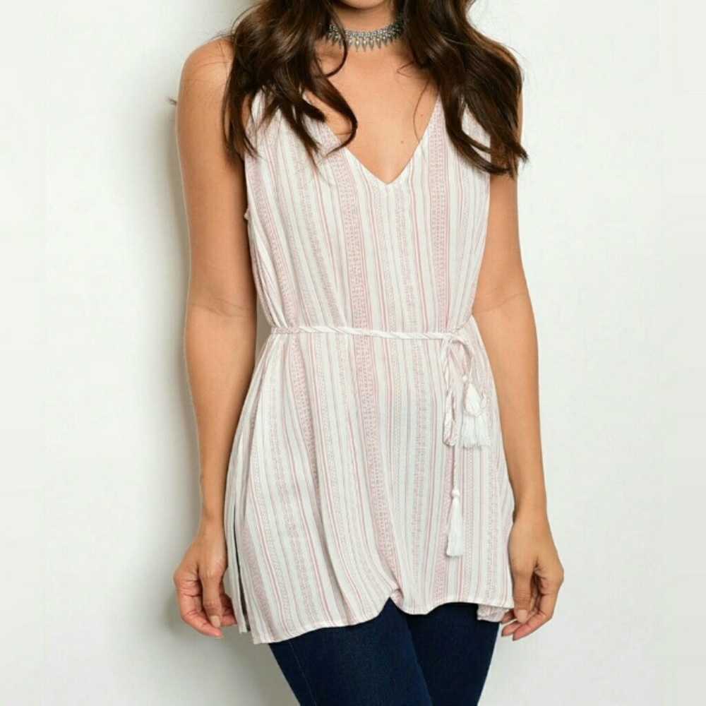 White Fringed Tie Waist V-Neck Tank Top - Picture 1 of 6