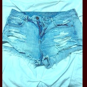 American Eagle High Waisted Ripped Blue Jean Short