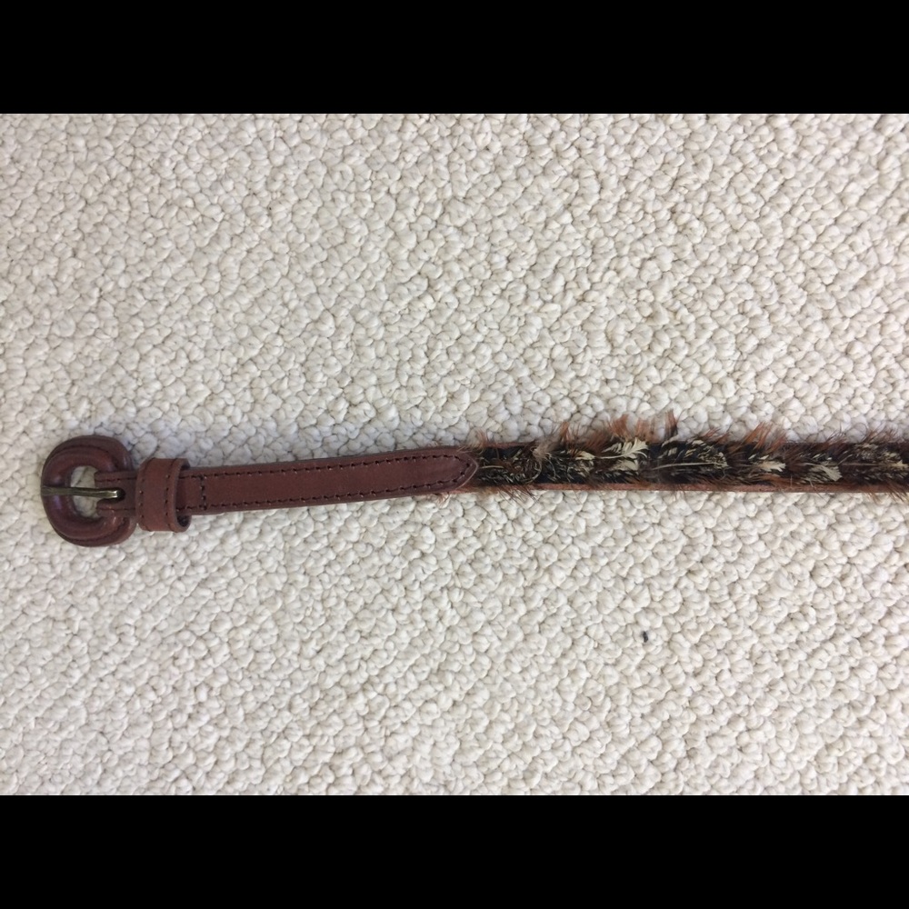Thin brown waist belt with feathers