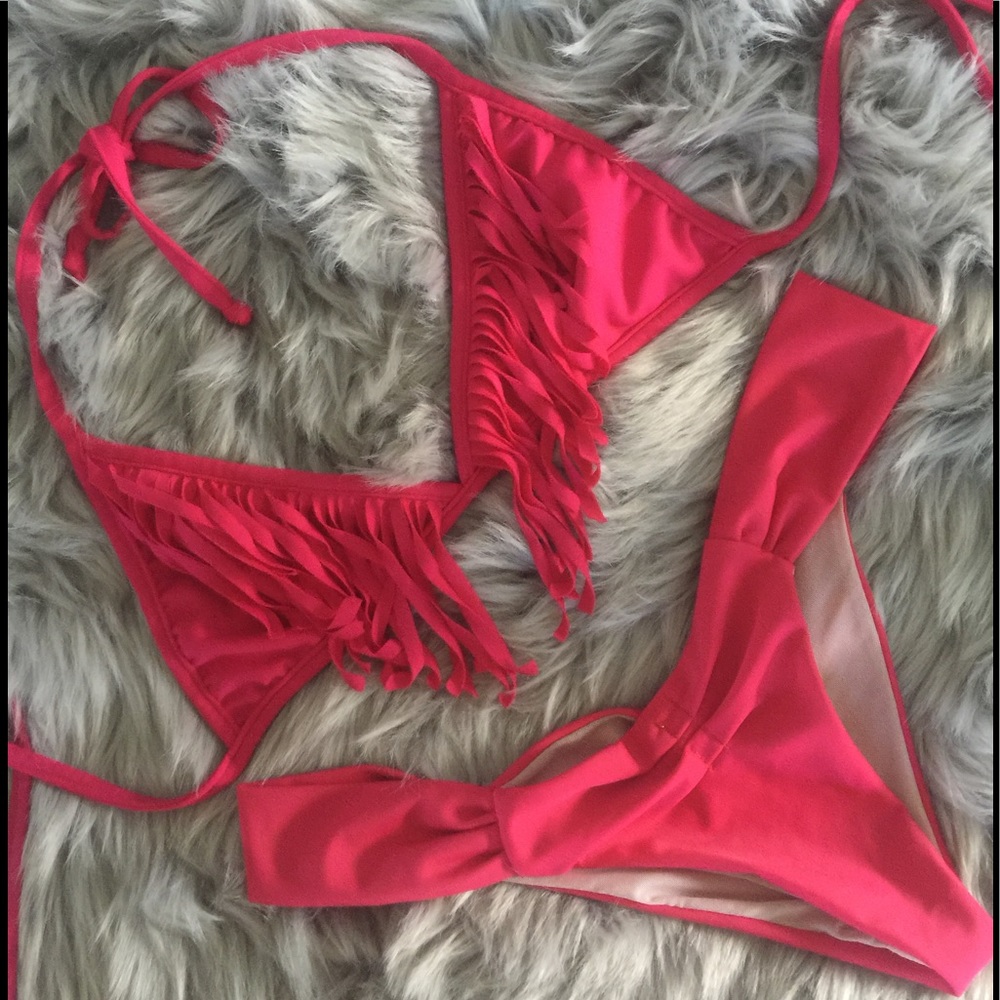 Pinkish red fringe top and cheeky bottom