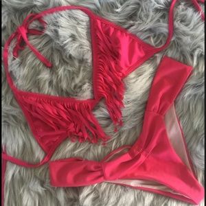 Pinkish red fringe top and cheeky bottom