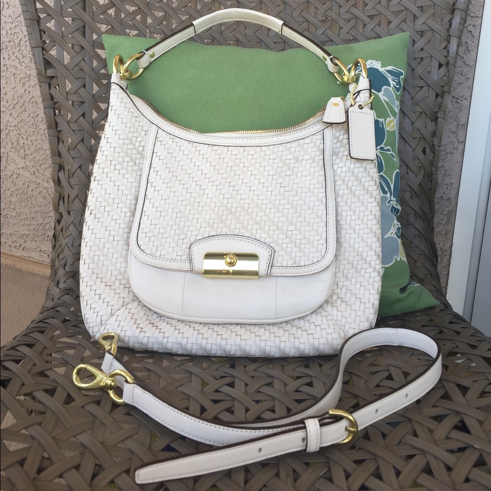 Coach Kristin White Woven Leather Hobo Purse