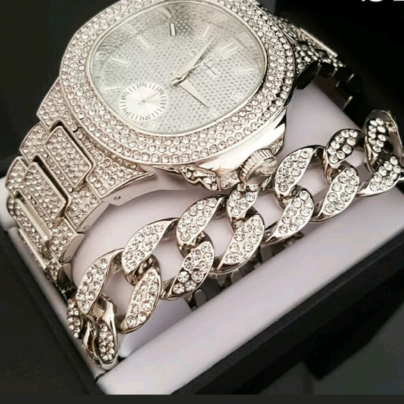 14K ICED OUT DIAMOND SIMULATED WATCH BRACELET - Picture 2 of 2