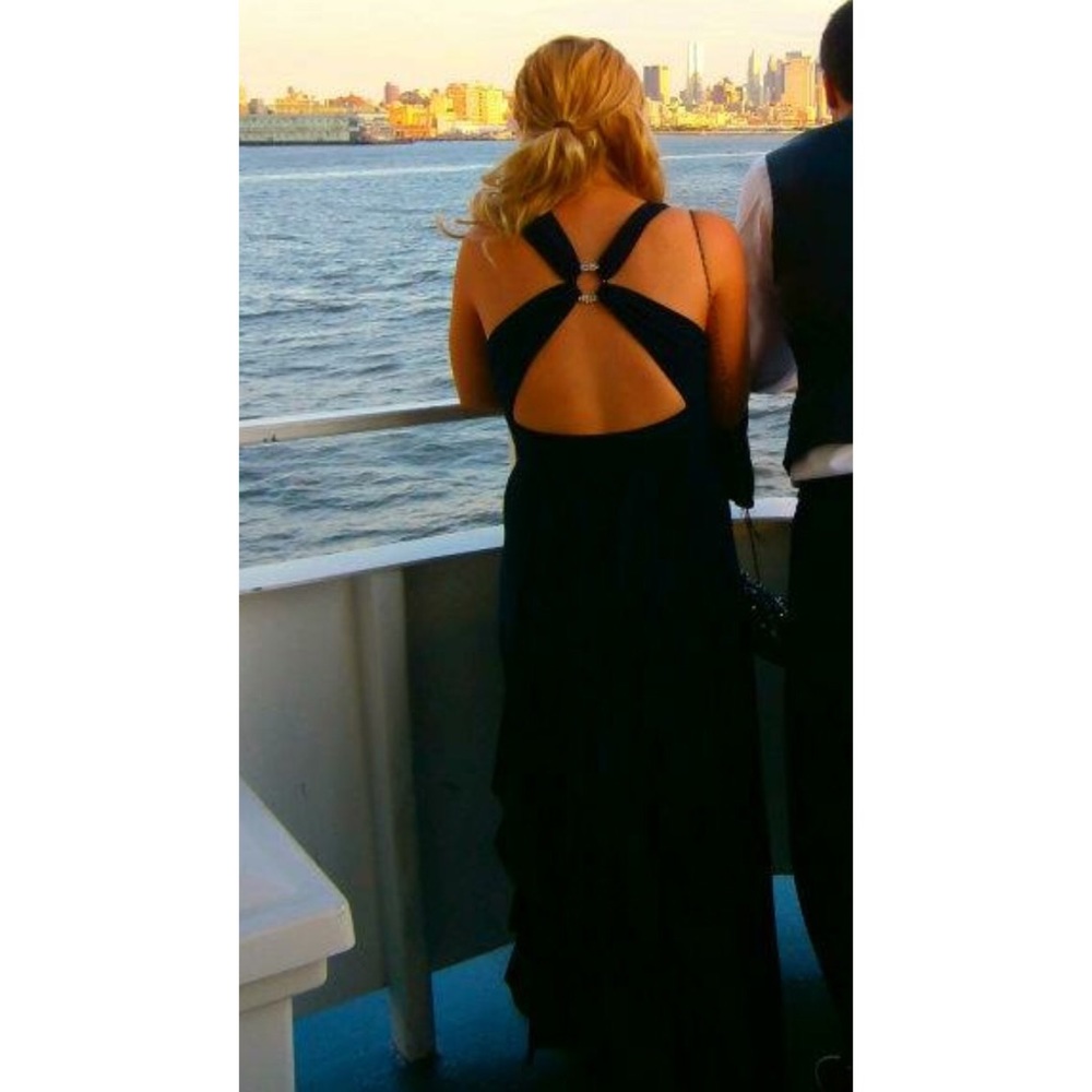 Long navy formal dress with stone accents - Picture 2 of 7