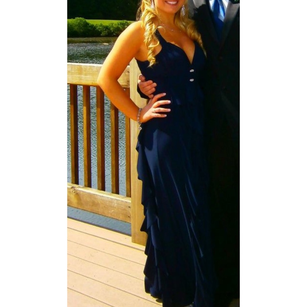 Long navy formal dress with stone accents - Picture 3 of 7