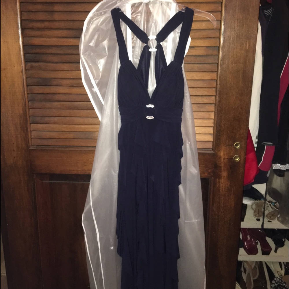 Long navy formal dress with stone accents - Picture 4 of 7