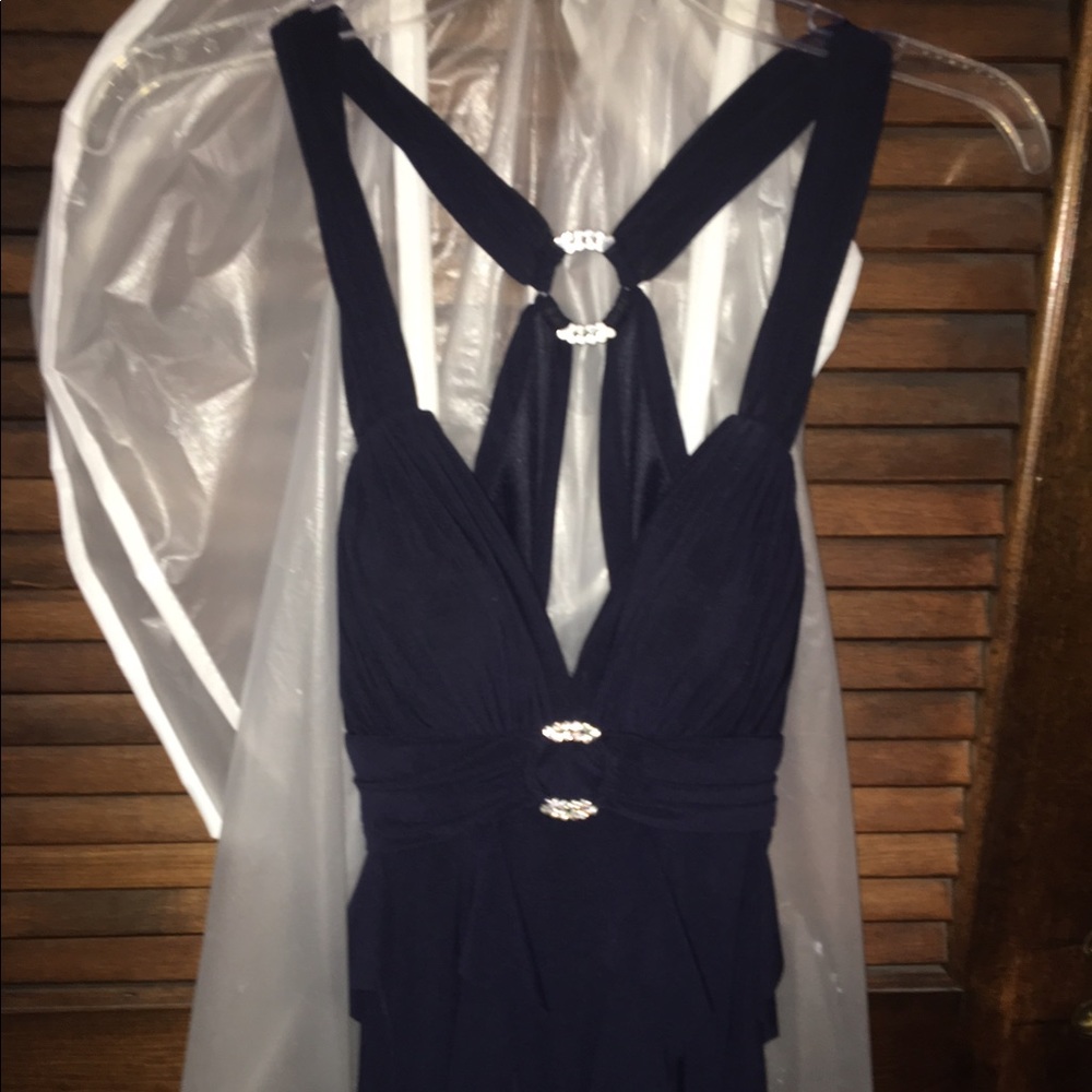 Long navy formal dress with stone accents - Picture 5 of 7