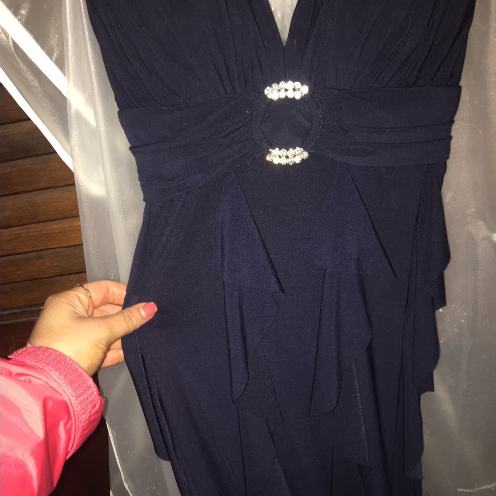 Long navy formal dress with stone accents - Picture 6 of 7