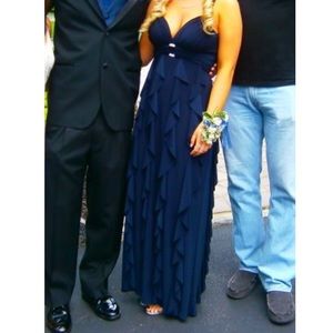 Long navy formal dress with stone accents