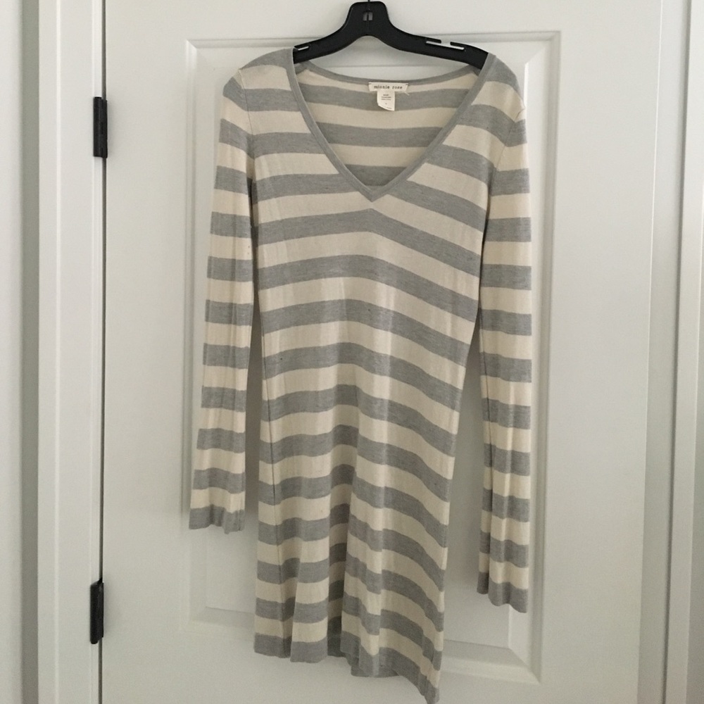 Grey and White stripe VNeck mini Dress
