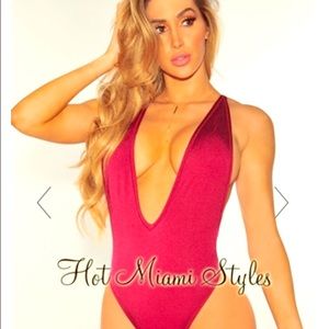 Metallic ruby low cut one piece swimsuit
