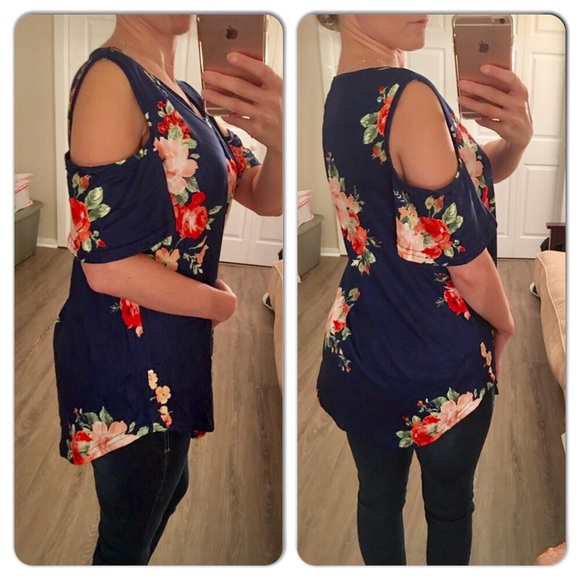 🚨1 left! Navy Blue Floral Cold Shoulder Top M-XL - Picture 3 of 3