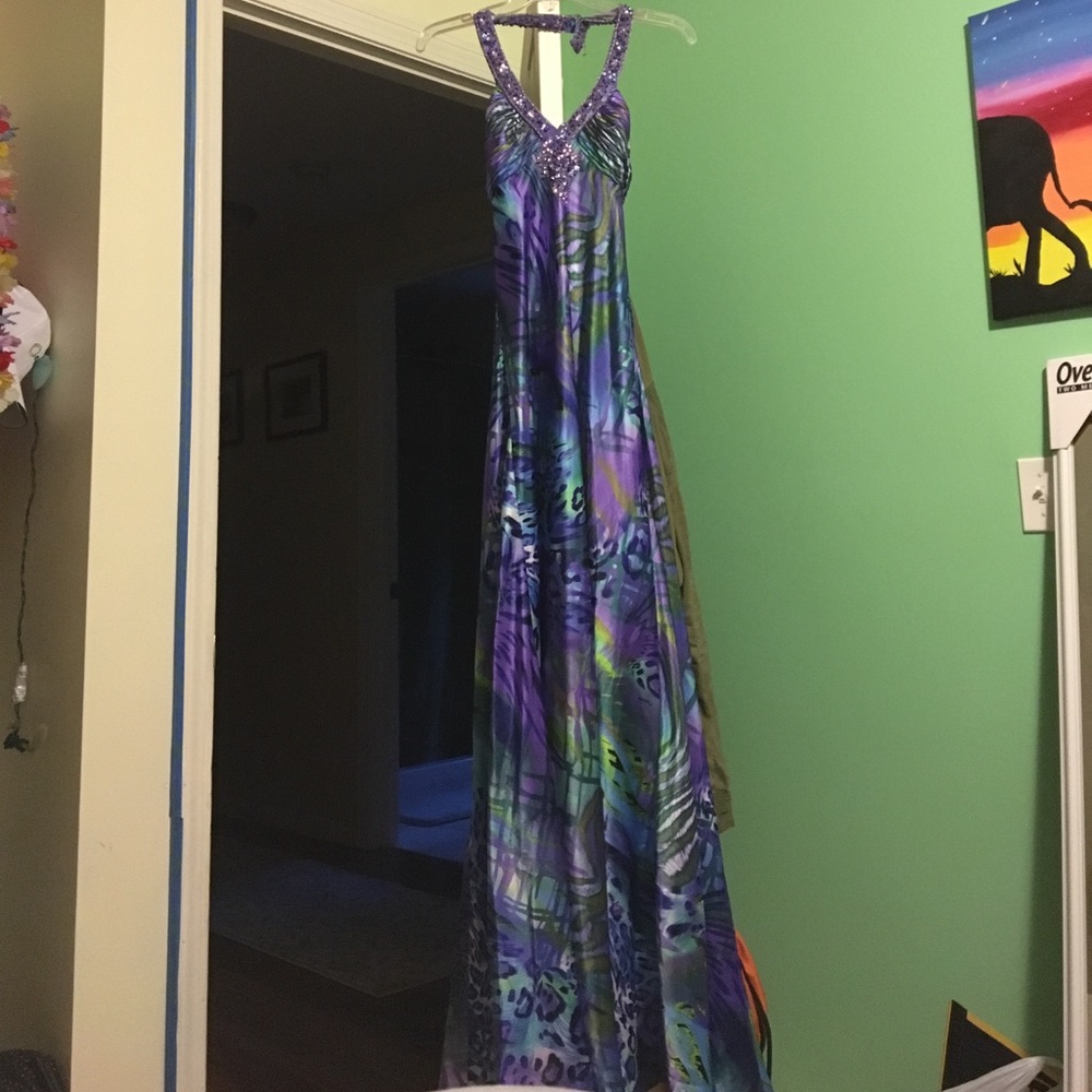 Blue, purple animal print prom dress