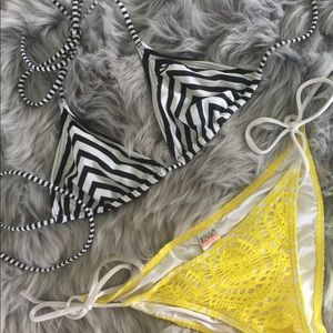 Striped triangle bikini top and yellow tie bottom