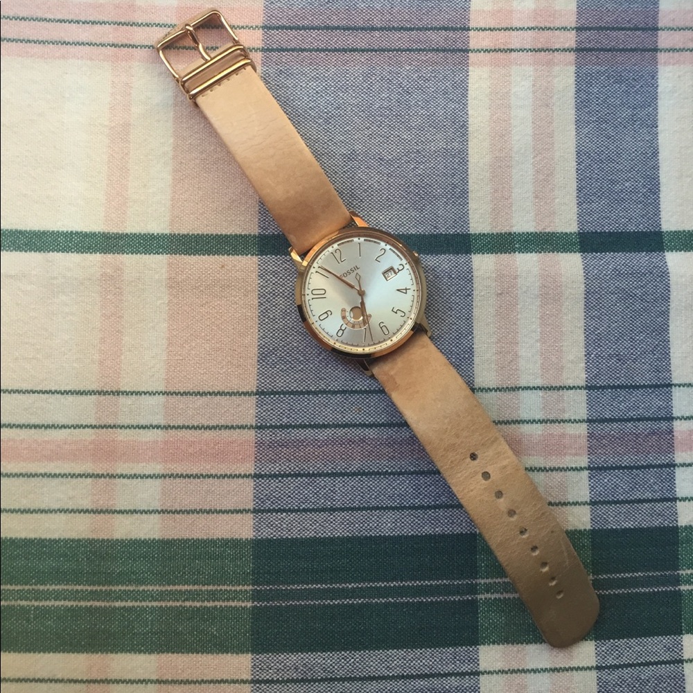 FOSSIL Rose Gold Cream Leather Watch