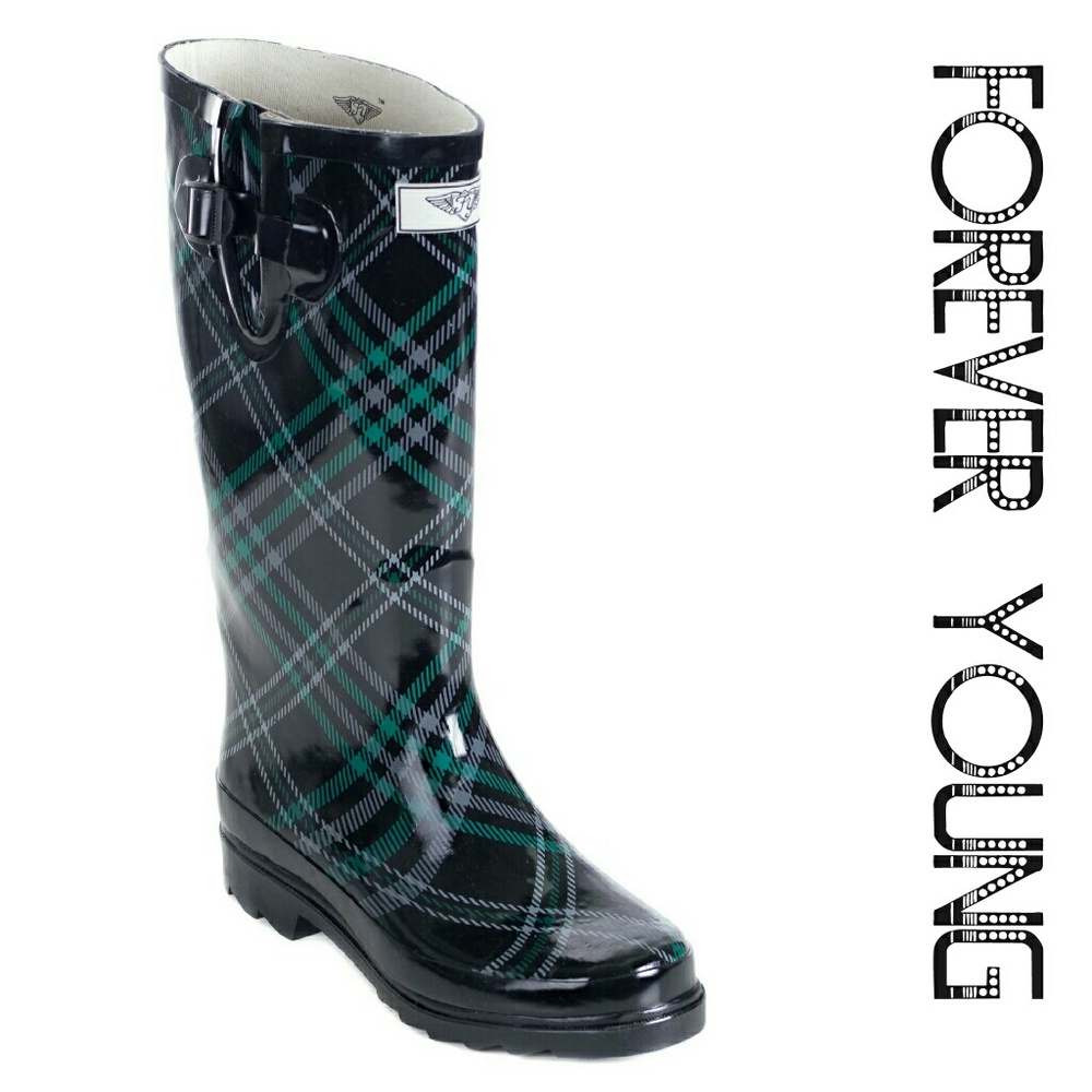 Women Rain Boots, Tall Waterproof Rubber Rainboots, RB-1506, Plaid - Picture 1 of 3