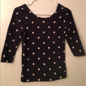 Dark blue 3/4 sleeve shirt with white polka dots