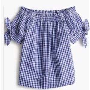 JCrew blue gingham off the shoulder blouse